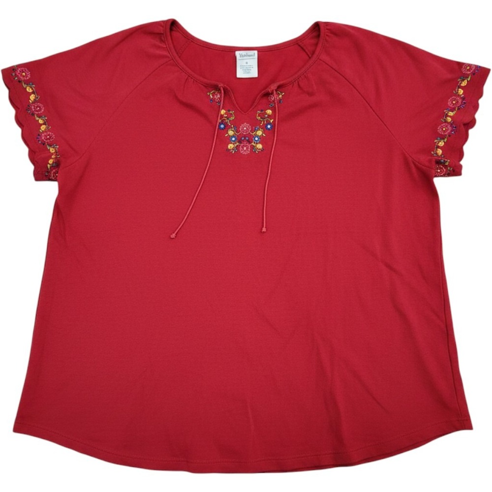Westbound Womens XL Red Cotton Embroidered Floral Tie Neck Boho Peasant Top